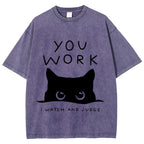 Black Cat Watching Your Work Vintage Wash Japanese Design T-Shirt
