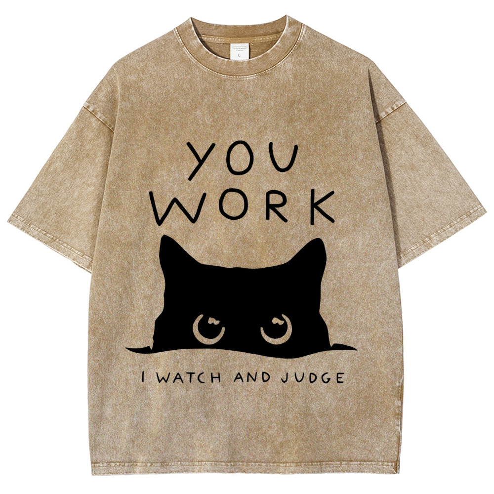 Black Cat Watching Your Work Vintage Wash Japanese Design T-Shirt