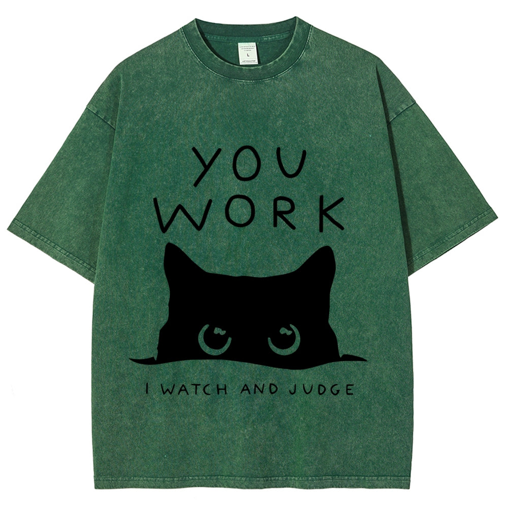 Black Cat Watching Your Work Vintage Wash Japanese Design T-Shirt