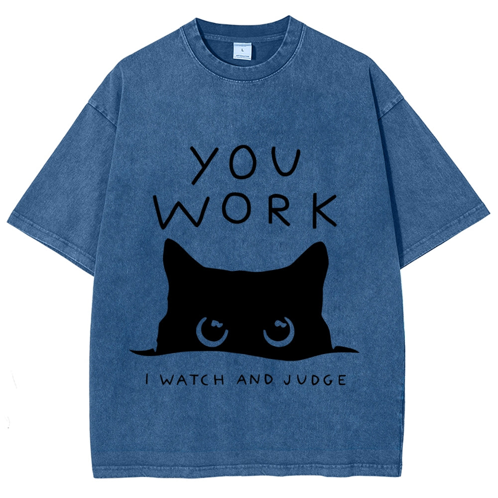 Black Cat Watching Your Work Vintage Wash Japanese Design T-Shirt
