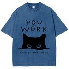 Black Cat Watching Your Work Vintage Wash Japanese Design T-Shirt