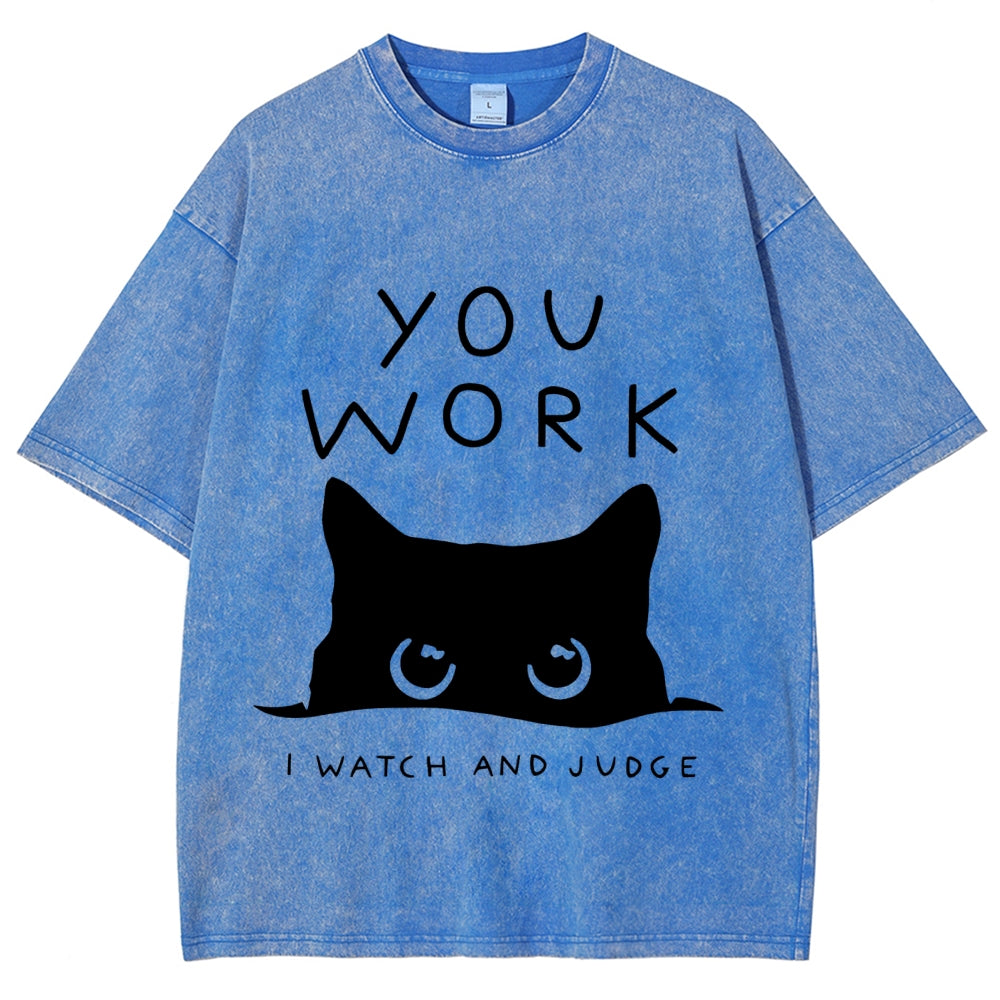 Black Cat Watching Your Work Vintage Wash Japanese Design T-Shirt
