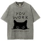 Black Cat Watching Your Work Vintage Wash Japanese Design T-Shirt