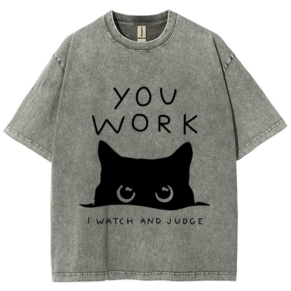 Black Cat Watching Your Work Vintage Wash Japanese Design T-Shirt