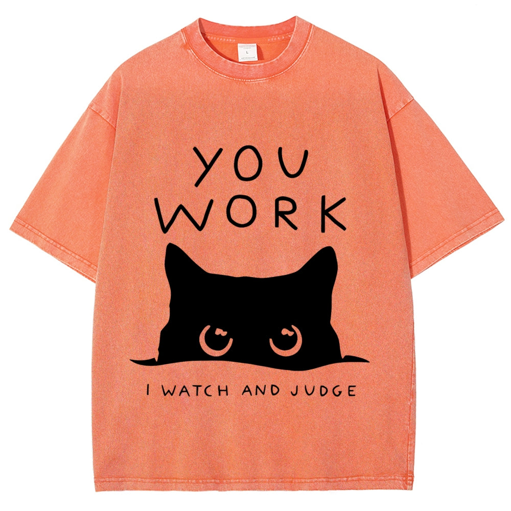 Black Cat Watching Your Work Vintage Wash Japanese Design T-Shirt