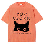 Black Cat Watching Your Work Vintage Wash Japanese Design T-Shirt