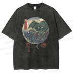 Unisex Wave Octopus Printed Washed Tee