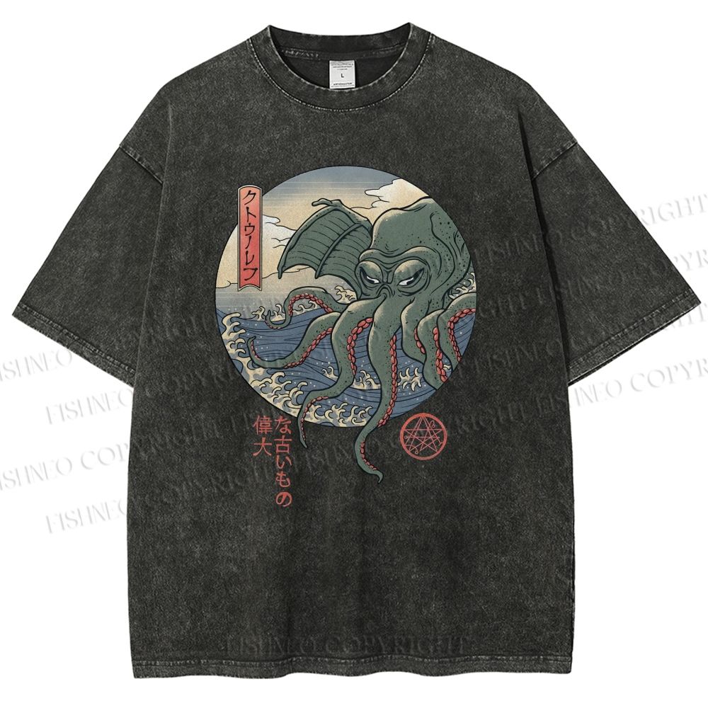 Unisex Wave Octopus Printed Washed Tee