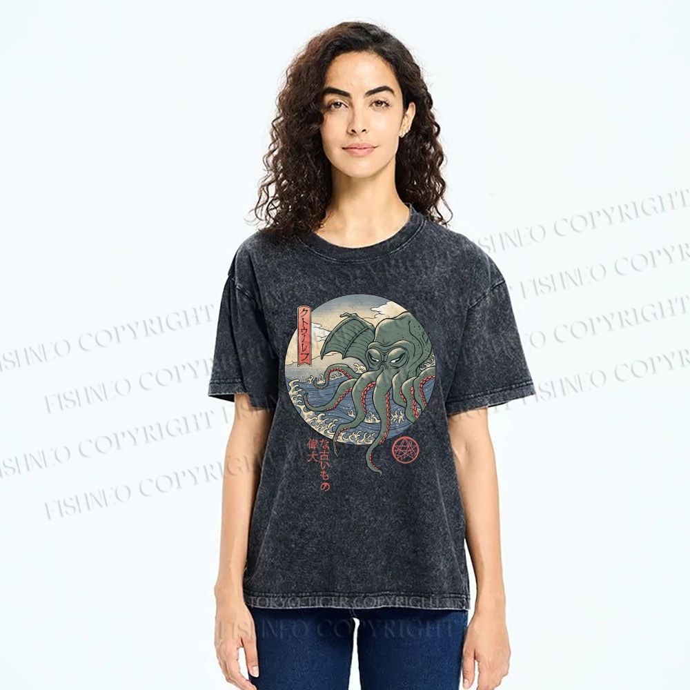 Unisex Wave Octopus Printed Washed Tee