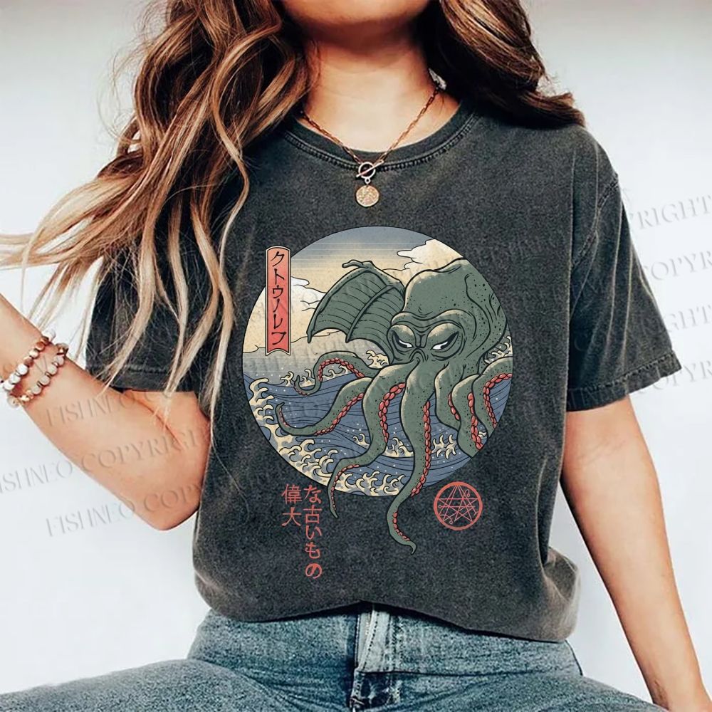 Unisex Wave Octopus Printed Washed Tee