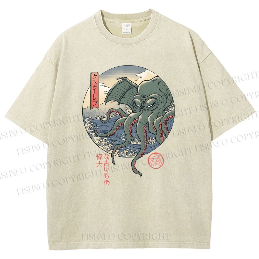 Unisex Wave Octopus Printed Washed Tee