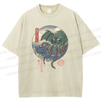 Unisex Wave Octopus Printed Washed Tee