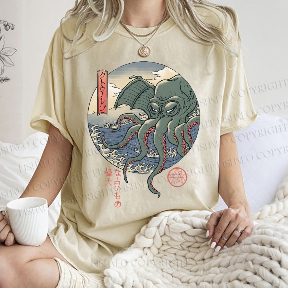 Unisex Wave Octopus Printed Washed Tee