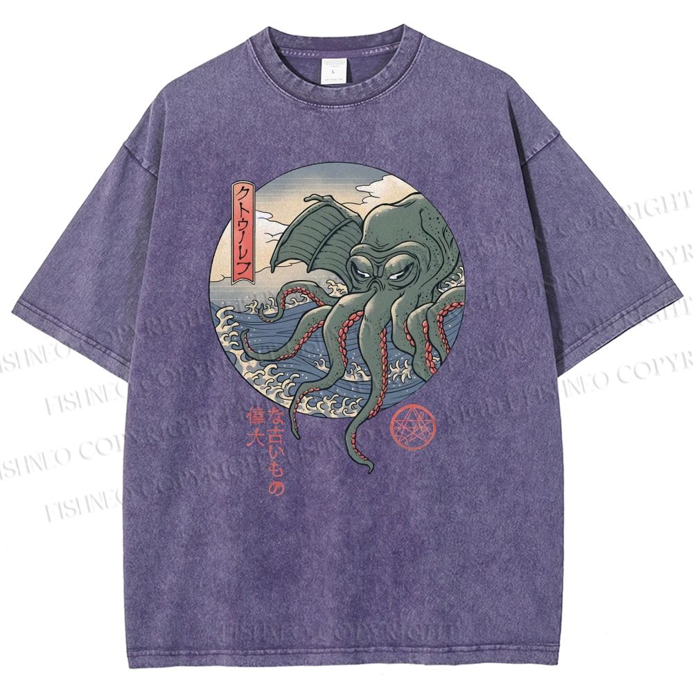 Unisex Wave Octopus Printed Washed Tee