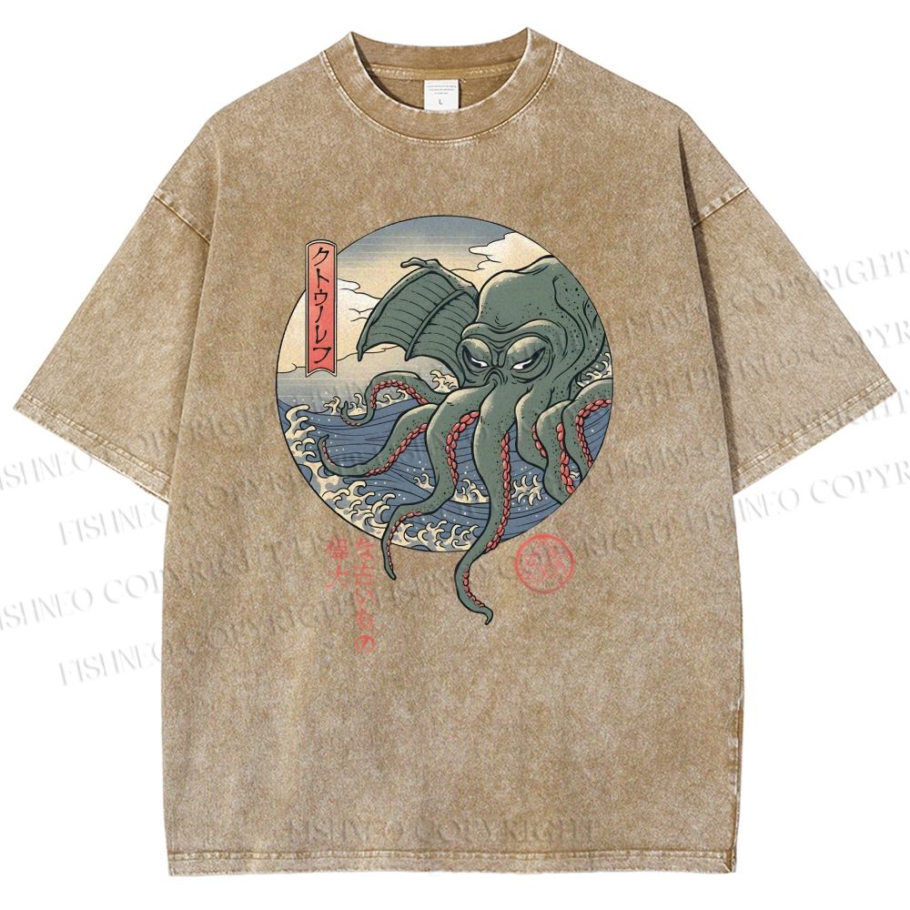 Unisex Wave Octopus Printed Washed Tee