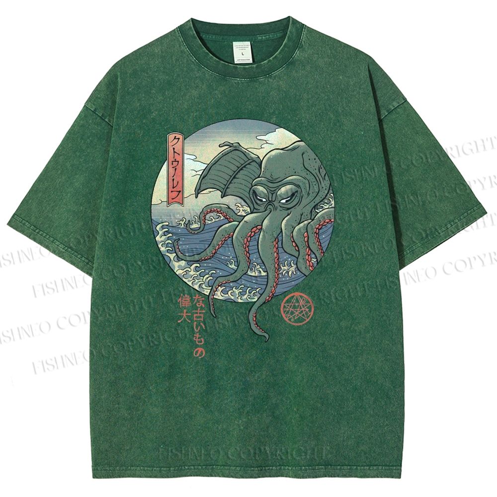 Unisex Wave Octopus Printed Washed Tee