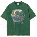 Unisex Wave Octopus Printed Washed Tee