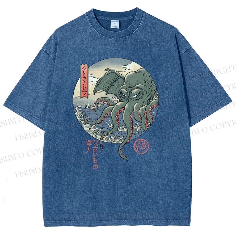 Unisex Wave Octopus Printed Washed Tee