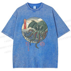 Unisex Wave Octopus Printed Washed Tee