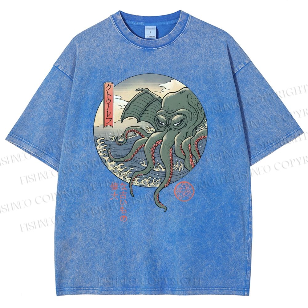 Unisex Wave Octopus Printed Washed Tee