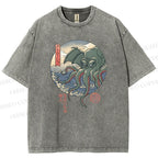 Unisex Wave Octopus Printed Washed Tee