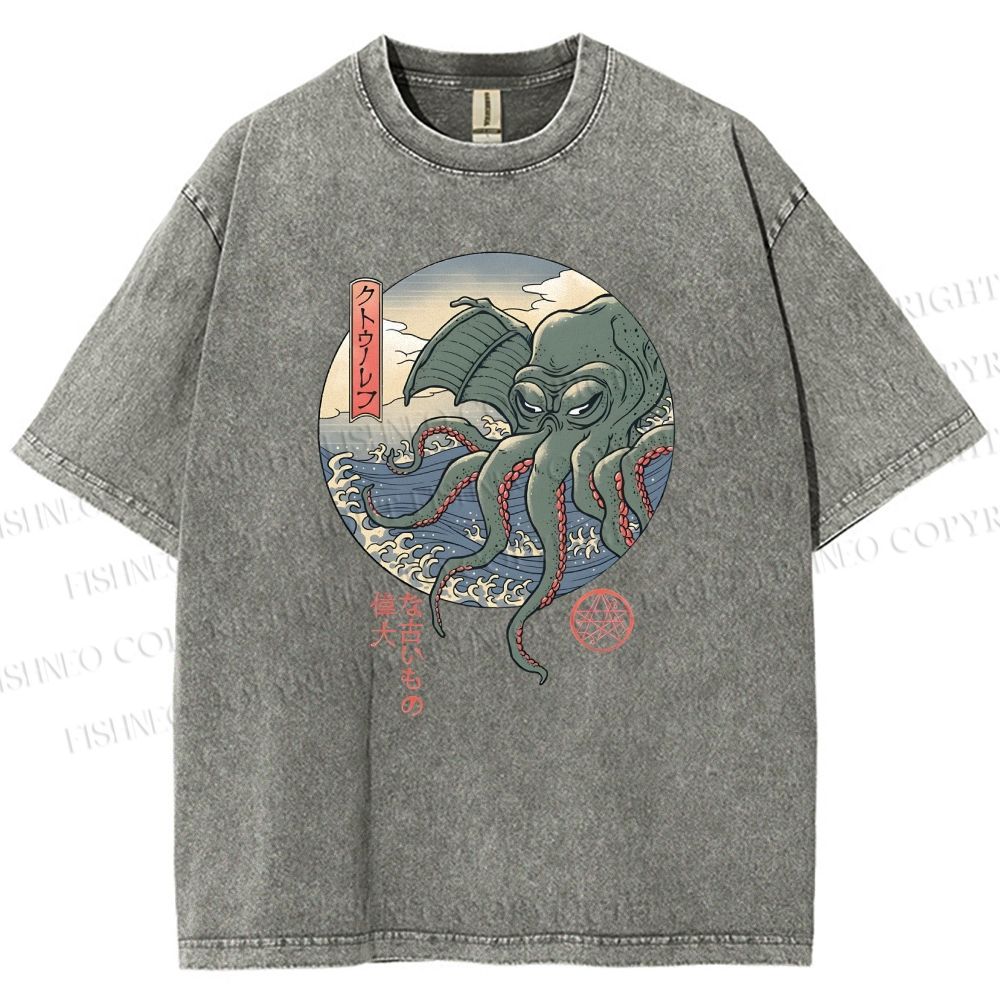 Unisex Wave Octopus Printed Washed Tee