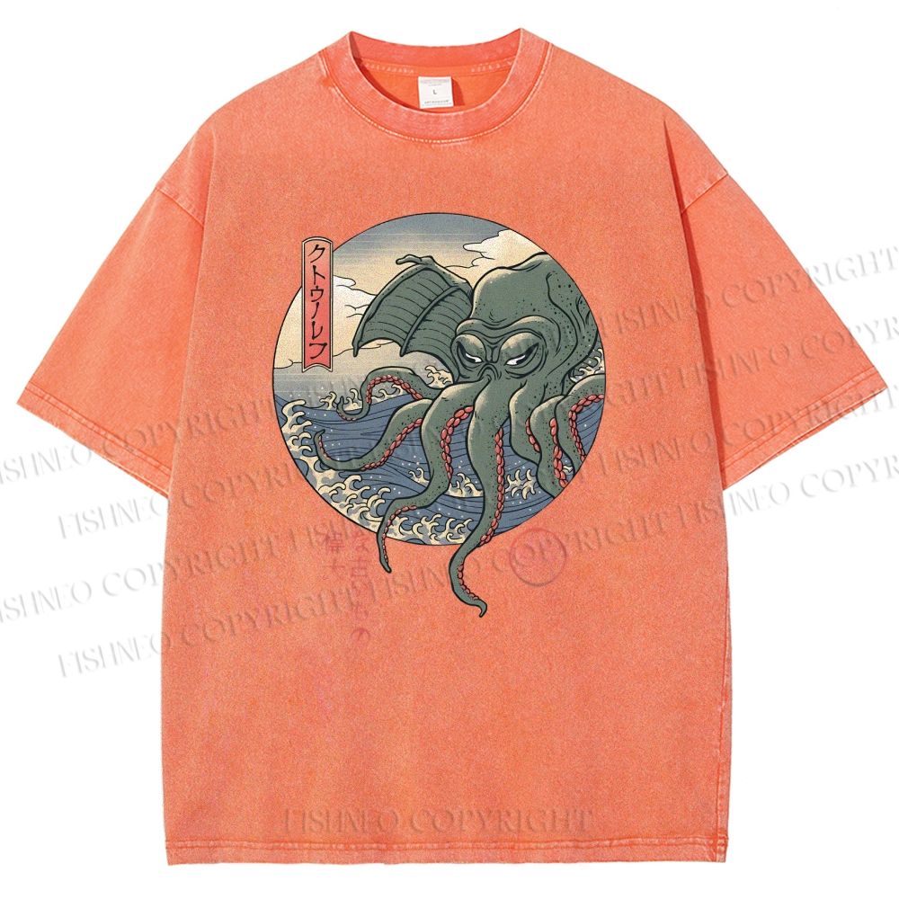 Unisex Wave Octopus Printed Washed Tee