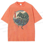 Unisex Wave Octopus Printed Washed Tee