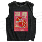 Unisex Vintage Koi Printed Washed Tank Top