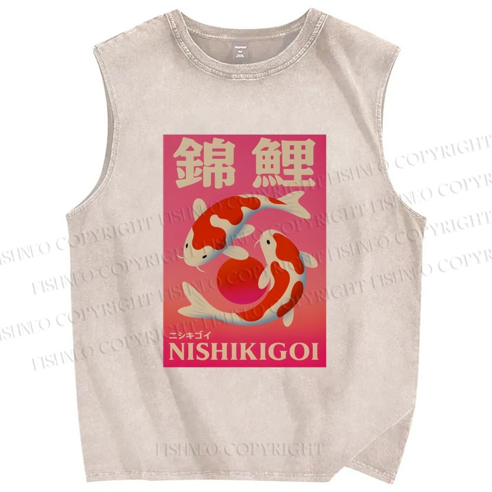 Unisex Vintage Koi Printed Washed Tank Top