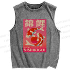 Unisex Vintage Koi Printed Washed Tank Top