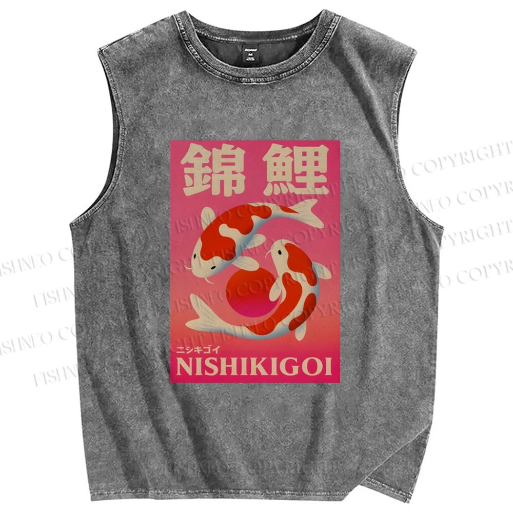 Unisex Vintage Koi Printed Washed Tank Top