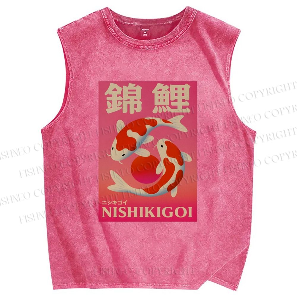 Unisex Vintage Koi Printed Washed Tank Top