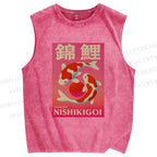 Unisex Vintage Koi Printed Washed Tank Top