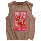 Unisex Vintage Koi Printed Washed Tank Top
