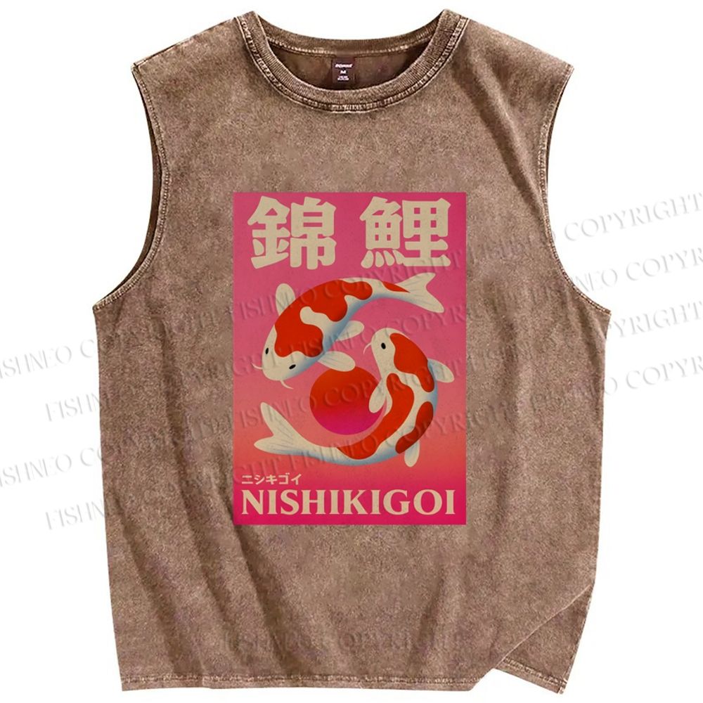 Unisex Vintage Koi Printed Washed Tank Top