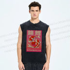 Unisex Vintage Koi Printed Washed Tank Top