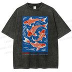 Unisex Vintage Koi Printed Washed Tee