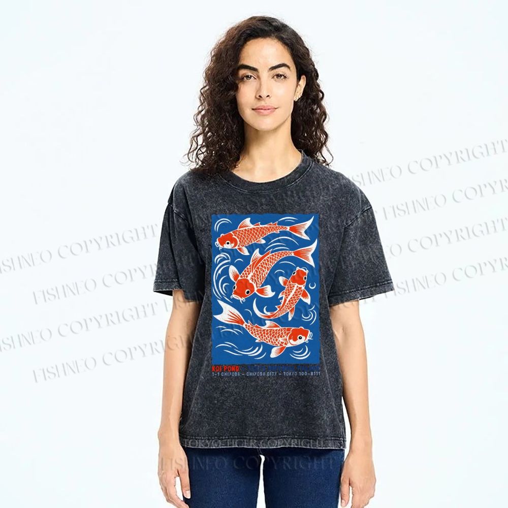 Unisex Vintage Koi Printed Washed Tee