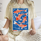 Unisex Vintage Koi Printed Washed Tee
