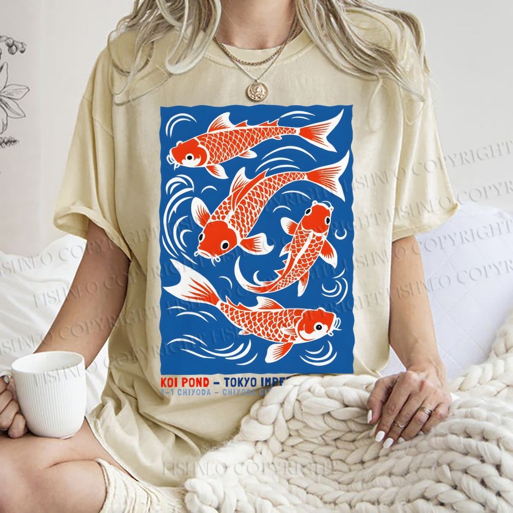 Unisex Vintage Koi Printed Washed Tee