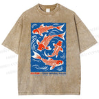 Unisex Vintage Koi Printed Washed Tee