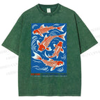 Unisex Vintage Koi Printed Washed Tee