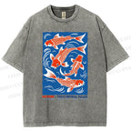 Unisex Vintage Koi Printed Washed Tee