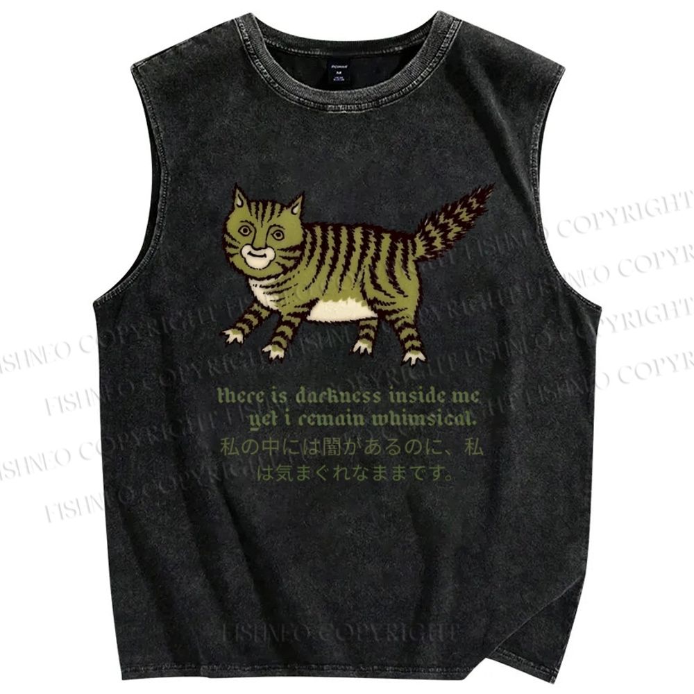 Unisex Cartoon Cat Printed Washed Tank Top