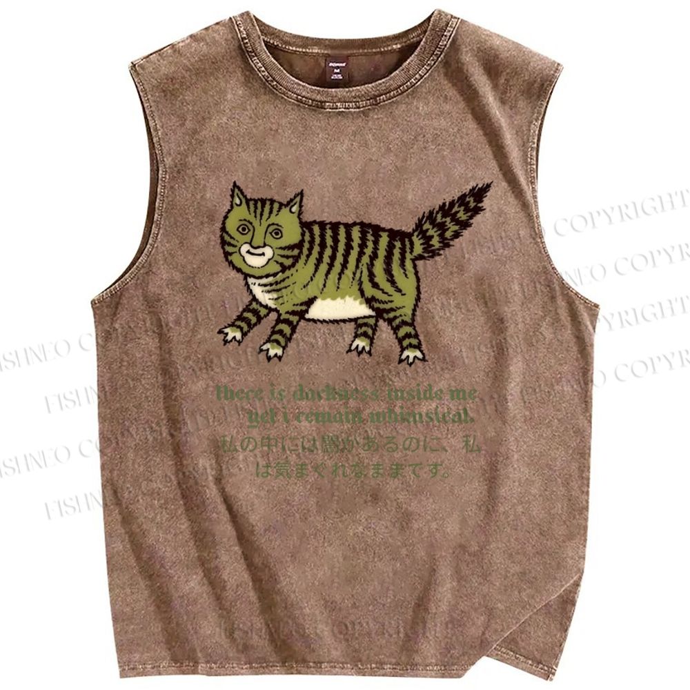 Unisex Cartoon Cat Printed Washed Tank Top
