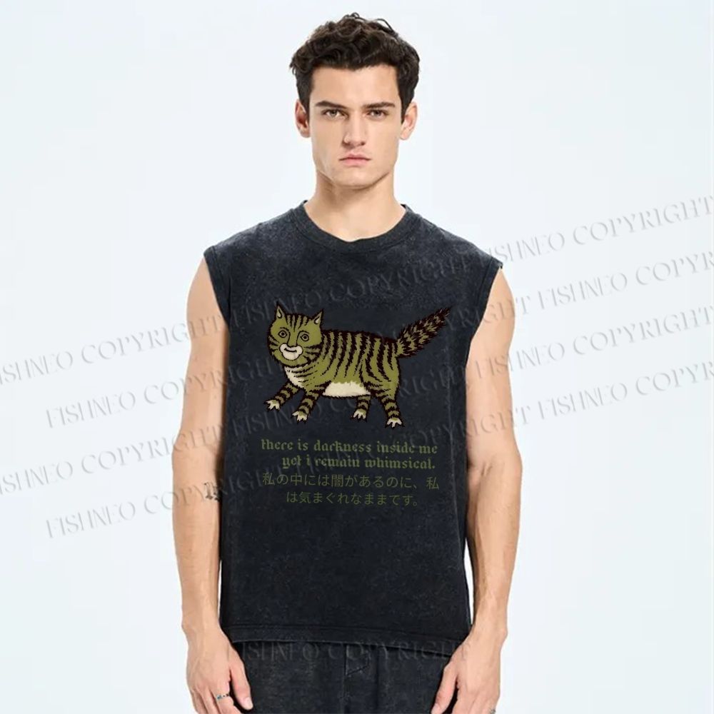 Unisex Cartoon Cat Printed Washed Tank Top