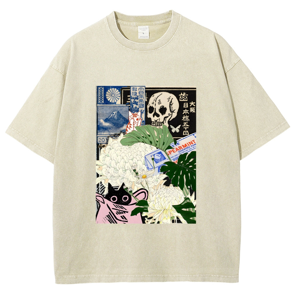 Chrysanthemum Japanese cat Washed T-Shirt