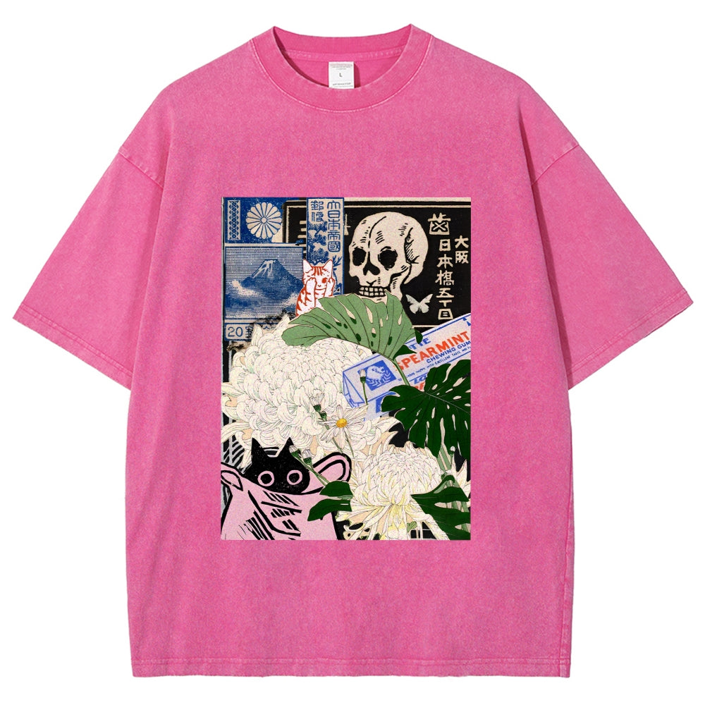 Chrysanthemum Japanese cat Washed T-Shirt