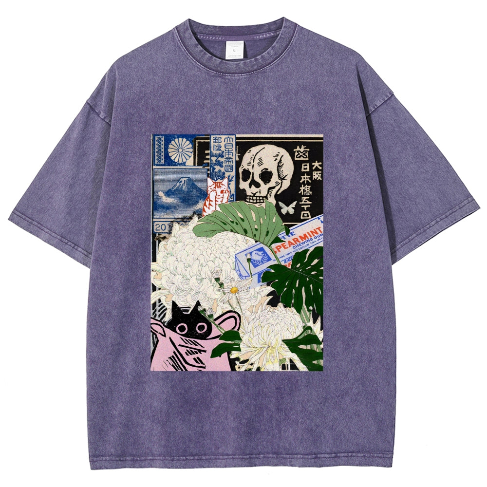 Chrysanthemum Japanese cat Washed T-Shirt